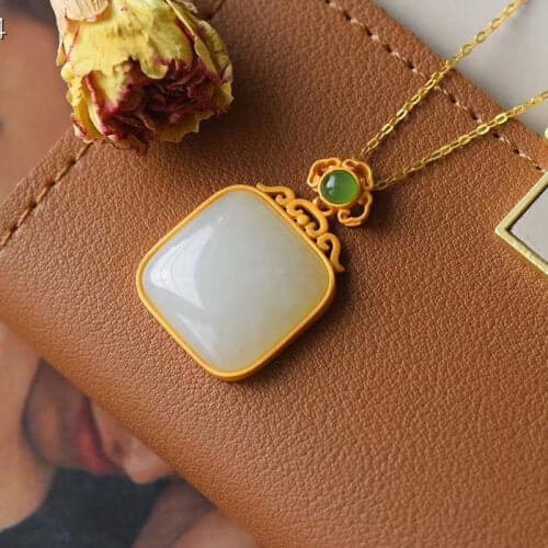 Natural Hetian Jade White Jade Green Dot Pendant Ancient Gold S925 Sterling Silver Pendant Vintage Square Hanfu Ancient Style Ne