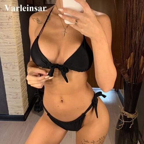 Neon Green Knotted Bikini 2019 Female Swimsuit Women Swimwear Two-pieces Bikini set Bather Halter Bathing Suit Swim Wear V1296L