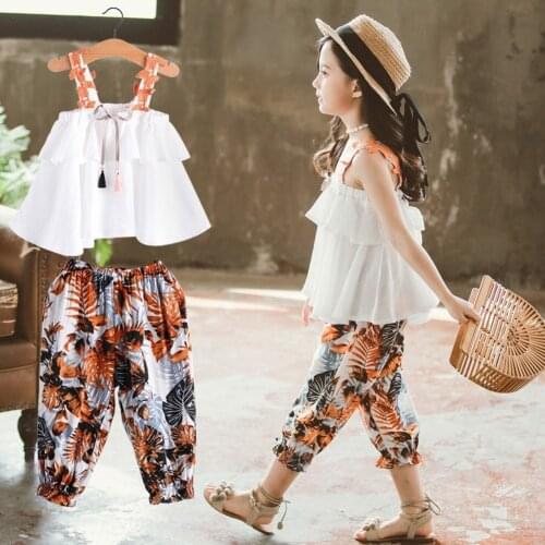 2021 New 4 -9 Y Summer Fashion Girls Clothes Childrens Chiffon Sling TOP+Printed TrousersTwo Piece Suit Girls Clothing