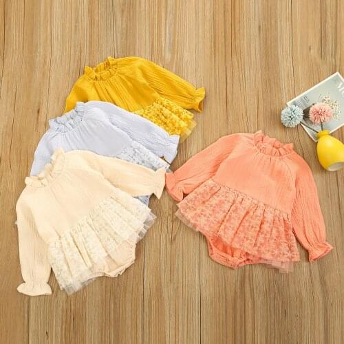 Baby Girls Ruffles Long Sleeve Lace Romper Dress Jumpsuit Clothes Spring Solid Outfits Infant Cltohing 0-24M