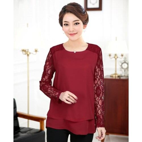 Chiffon Blouse Women Tops Big Size Lace Chiffon Blouses Middle Aged Mother Plus Size Shirts Lady Large Size L- 4XL Black