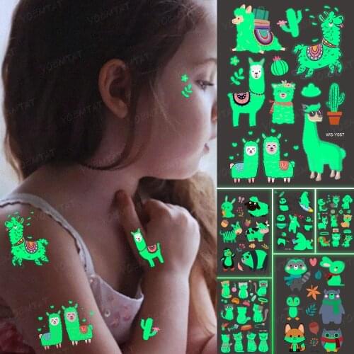 Luminous Glitter Tattoo Stickers Alpaca Cactus Children Temporary Waterproof Animal Tatto Body Art Cute Kid Cartoon Fake Tatoo