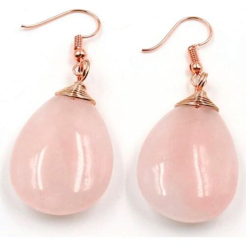 FYJS Unique Jewelry Rose Gold Color Wire Wrap Water Drop Natural Rose Pink Quartz Earrings
