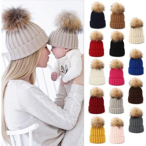 2Pcs Parent-Child Ribbed Knitted Beanie Hat Set Mother Baby Family Winter Pom Pom Warmer Solid Color Cuffed Skull Cap