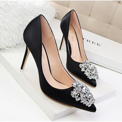 High Quality 10cm Heels PUMPS Point Shallow Mouth High Heels Nightclub Sexy Stiletto Buckle Diamond Rhinestone Wedding Shoes