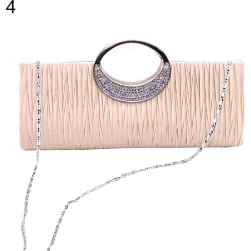 Women Luxury Rhinestone Satin Pleated Evening Bag Party Clutch Purse Handbag