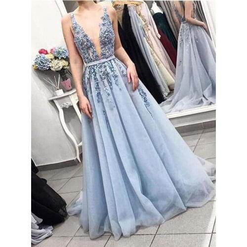 2021 Light Blue Lace Appliques Beaded Prom Dresses Double V Back A Line Sleeveless Formal Evening Party Gowns Women Robe
