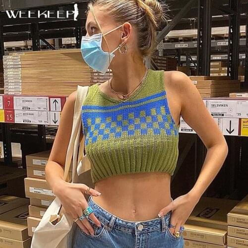 Weekeep Plaid Fashion Cropped Tanks Women Sleeveless Patchwork Bodycon Sweater Vest Summer Casual Korean Harajuku Basic y2k Tops