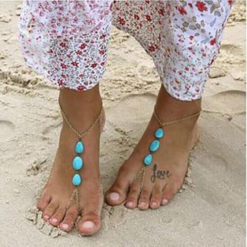 Vintage Antique Gold Color Chain Toe Ring Anklets For Women Bohemia Geometric Green Opal On Leg Ankle Anklet Beach Foot Jewelry