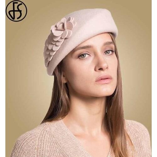 FS 100% Australian Wool Felt Berets Ladies Artist Beret Hats For Women Elegant Cap Casual Boina Floral Caps Boina Feminino Hat