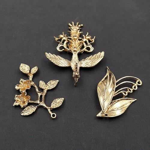 10 PCS Retro Metal Alloy KC Gold Plated Leaf Branch Flowers Phoenix For Clothing Brooch Headwear Accessories DIY Jewelry Making