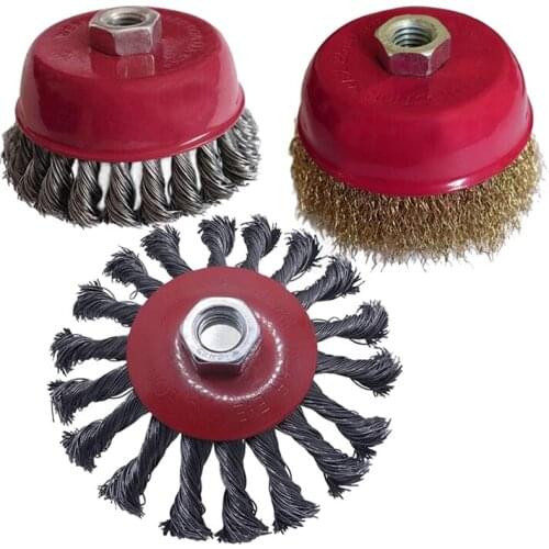 3Pcs Wire Brush for Angle Grinder,100mm Twist Knot Wire Brush+100mm Brassed Crimp Cup+115mm Crimp Bevel Brush,M14 Thread