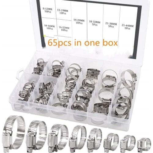 65pcs Hose Clips Adjustable 8-44mm 304 Stainless Steel Worm Gear Hose Clamp Assortment