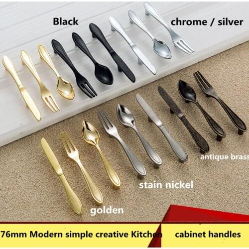 76mm modern simple creative silver gold Knife fork spoon kitchen cabinet door handles 3" antique brass black drawer pulls knobs