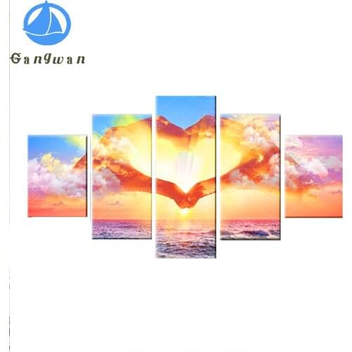 5 Pcs Hand of peace diamond painting sunrise Sea view mosaic full square round drill abstract cloud embroidery,living room decor