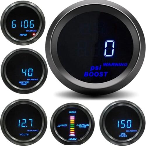 Car Digital Gauge 52mm Turbo Boost PSI BAR Oil Pressure Oil Water Temp Gauge Voltmeter Tachometer RPM Meter With Warning Light