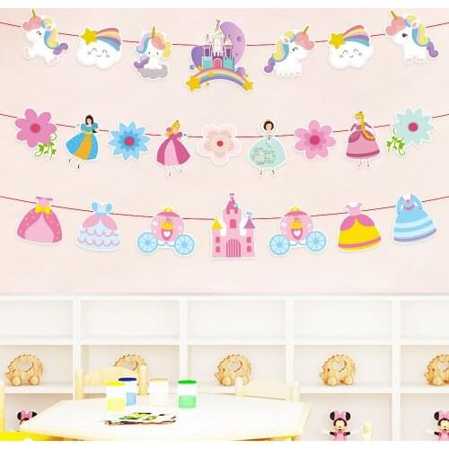 Birthday Banner Girl Party Princess Mermaid Flags Zoo Animal Theme Dinosaur Paper Bunting Garland Pull Flag Jungle Party Decor