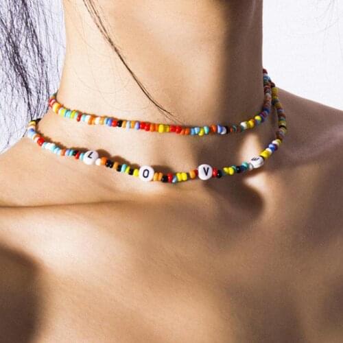 Bohemia Choker Necklace Handmade Rainbow Beads Candy Love Layered Necklace For Women Summer Beach Boho Jewelry Collares Gift