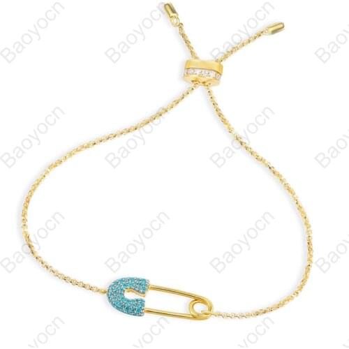 Baoyocn Brand Design Gold Color 925 Sterling Silver Lagoon Blue Cubic Zirconia Safety Pin Bracelet Fashion Party Women Jewelry