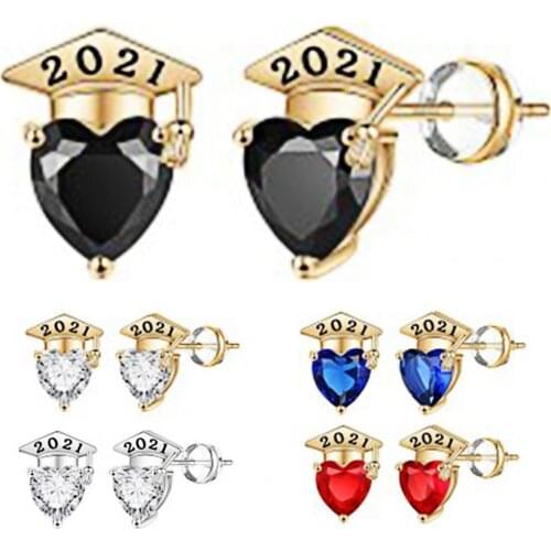 Women Cubic Zirconia All-match Heart Shape 2021 Engraved Stud Earrings Graduation Gift for Party Cubic Zirconia Ear Studs Gift