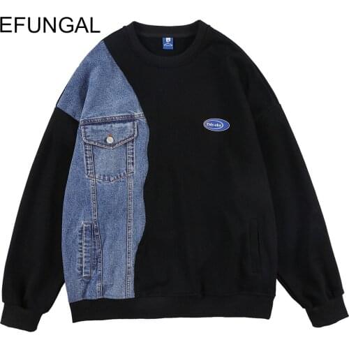 Denim Jean Patchwork Hip Hop Hoodies Sweatshirts Men Pullover Harajuku Hoodie Pockets Winter Fashion Streetwear Punk Clothes