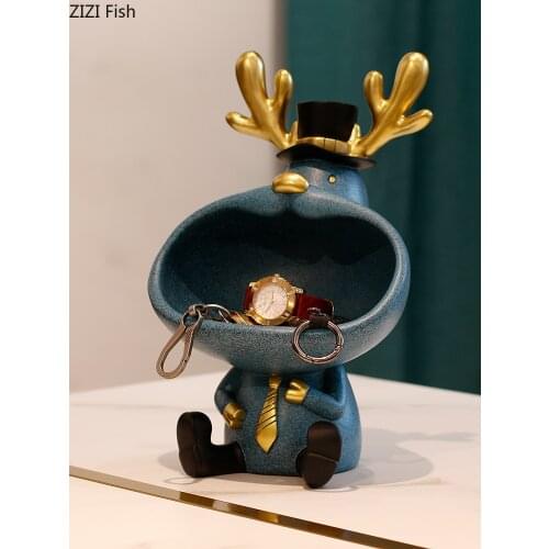 Creative Resin Big Mouth Animal Storage Ornaments Cute Lucky Cat Elk Statue Figurines Desktop Key Candy Storage Christmas Decor
