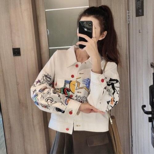 Ladies Graffiti White Denim Jacket Women Funny Tooling Jacket Loose Korean Casual Loose Single-breasted Street Female Short Top