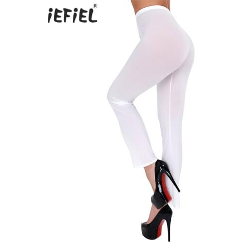 Hot Sexy Fetish Women Lingerie See Through Sheer Crotchless Pants Flare Sheer Pants Underwear Semi Leggings Bell-bottom Trousers
