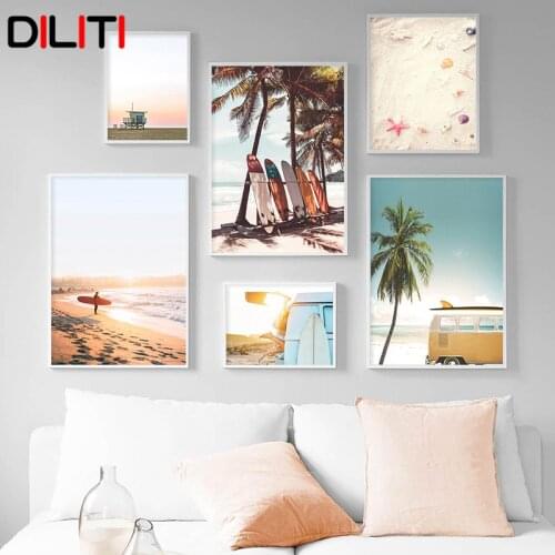 Sea Beach Travel Prints and Postesr Sunset Surfboard Car Canvas Painting Art Tropical Summer Seascape Picture Wall Decor