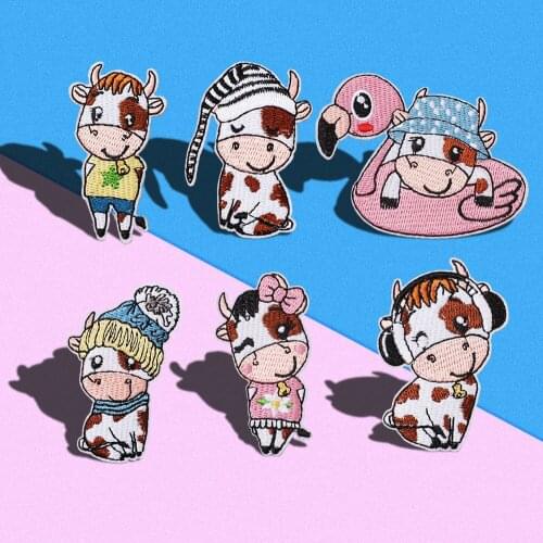 Cartoon Animal cow Embroidered Patches Iron On Swimming cattle Patches listening to music Badges Childrens jacket Stickers
