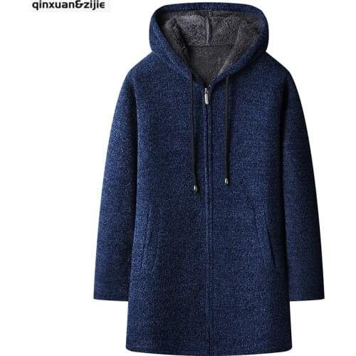 Oversize Fleece Warm Long Mens Jacket Trench Coat Male HoodedTechwear Knit Trench Coat Male Harujuku Mens Winter Clothing 2021