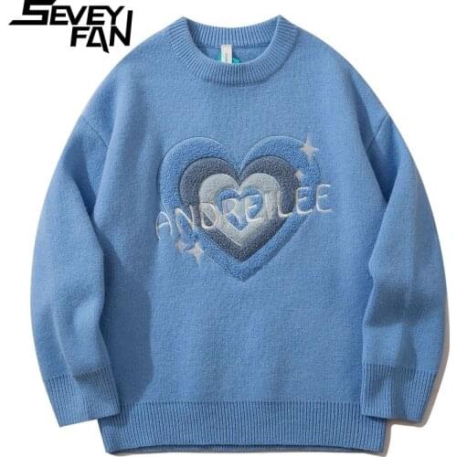 SEVEYFAN Mens Korean Heart Pattern Embroidery Sweater Fashion Loose O Neck Knitwear Autumn Pullover Sweaters for Couples