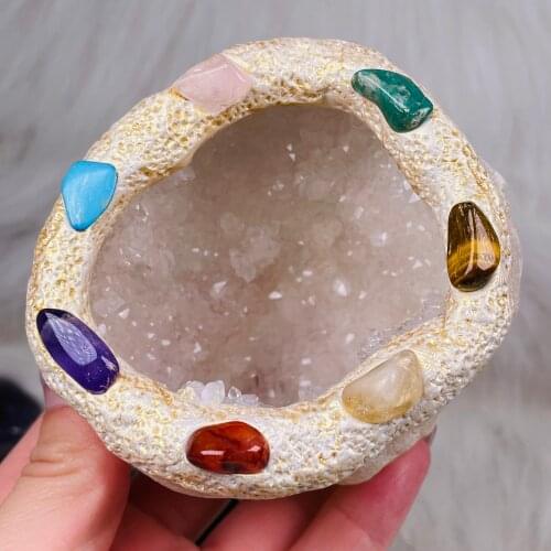 Natural Geode Seven Chakras Quartz Cluster Crystal Specimen Energy Healing