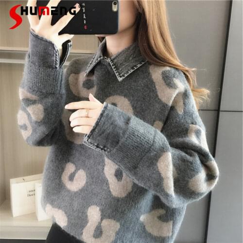 2021 Autumn and Winter New Stitching Denim Loose Leopard Print Trendy Fake Two Pieces Knitted Top Sweater Ladies