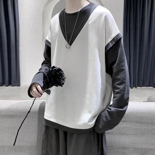 Autumn long sleeve t-shirt mens loose fashion versatile T-shirt contrast color fake two-piece top