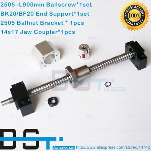 SFU 2505 ballscrew L 900mm ballscrew + SFU2505 ballnut with end machined + BK20 BF20 End Support+2505 Nut Housing +14x17 Coupler