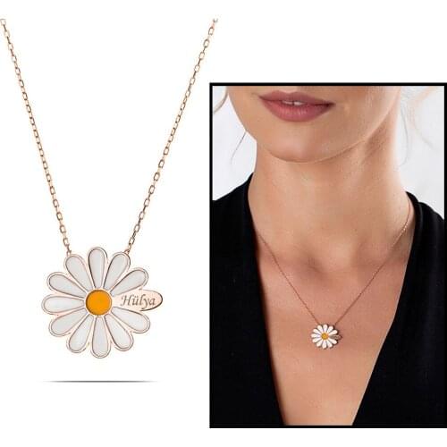 Tesbihane Yellow Cabochons out On A Personalized Name Written Rose Color 925 Sterling Silver Daisy Necklace