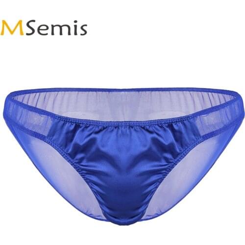 Sexy Mens Sissy Panties Transparent Mesh Low Rise Bikini Briefs Shiny Wetlook Ruffled Satin Penis Pouch Underpants Gay Underwear