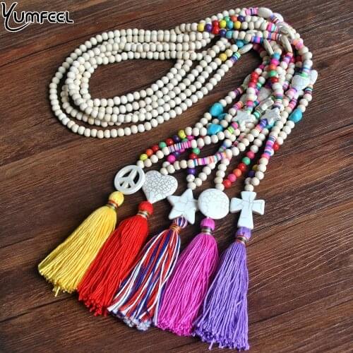 Yumfeel New Bohemian Long Tassel Necklace Handmade Wood Stone Polymer Clay Beaded Women Necklace Jewelry