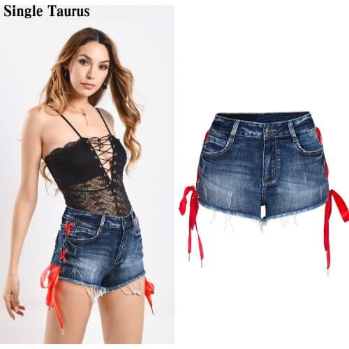 Red Ribbons Jeans Shorts for Women 2021 Summer High Waist Streetwear Spodenki Damskie Side Stripe Blue Denim Vetement Femme