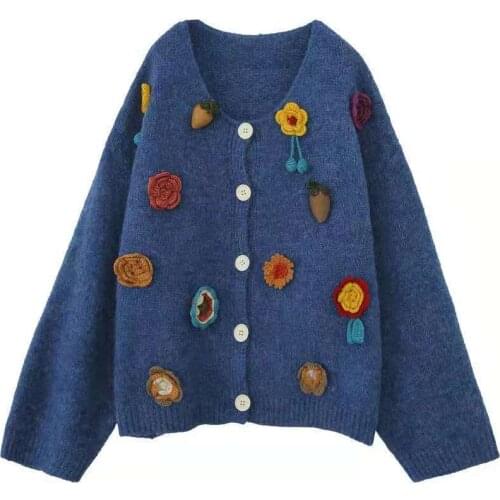 2021 New Sweet Applique Flower Sweater Women Autumn Winter Casual Retro Tops Ladies Cardigan Button Patchwork Knitted Coats Blue