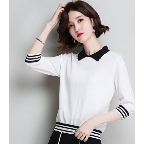 Spring Summer Style Women Knitted Pullover Tops Lady Casual Peter Pan Collar knitted Sweater Pullover ZZ0969