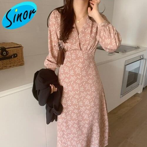 Korean Chic Autumn and Winter Womens Gentle Floral V-neck Long Lace-up Long-Sleeved Dress Womens Factory Direct Sales