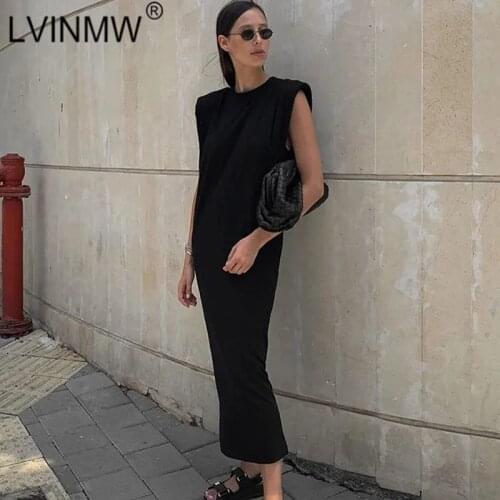 LVINMW Sexy O Neck Sleeveless Padded Back Split Black Woman Dress Slim Loose Elegant Fashion Dresses For Women Streetwear