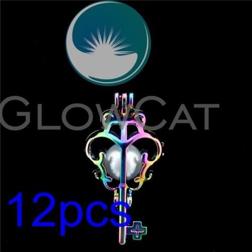 12x R-C54 Rainbow Lovely Bear Key Design Pearl Cage Jewelry Making Essential Oil Diffuser Beads Cage Locket Pendant