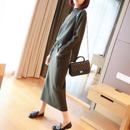 2019 Sweater And Skirt Knitted Suit Loose Turtleneck Sweater + Pencil Skirts Sets For Woman Casual Ladies Knit Two Piece DD2390