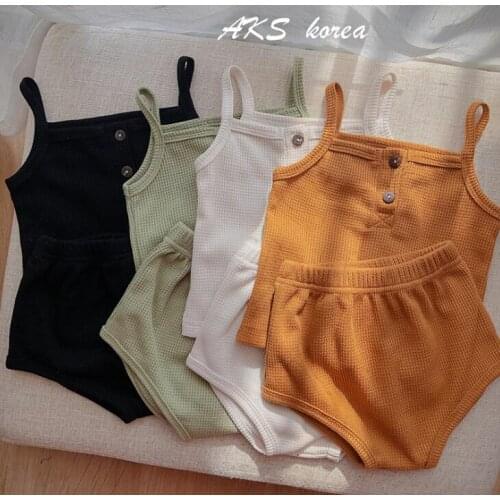 2021 Korea style babys girls 2 pcs set vest + shorts summer cotton kids suit 0-3 years YX425