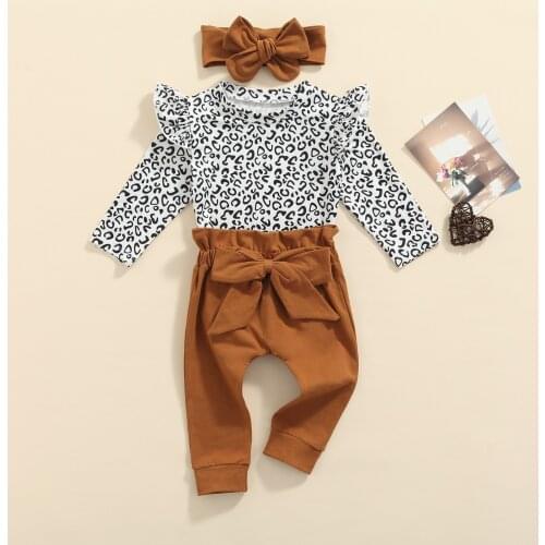 Infant Baby Girls 3Pcs Fashion Fall Outfits Long Sleeve Leopard Ruffle Romper + Bow Tie Pants + Headband Set