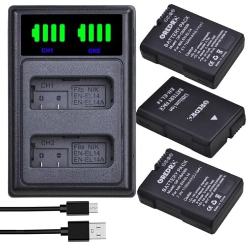 3x 1100mAh EN-EL14 EN-EL14A EN EL14 EL14A Battery + Type-C LED Charger for Nikon P7800 P7700 P7000 D5600 D5300 D5200 D3500 D3400