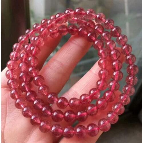 FREE SHIPPING 3rows Natural Red Ice Strawberry Quartz Crystal Bracelet AAAA 6-7mm fine jewelry